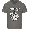 Finger Flip Fuck Skull Offensive Biker Mens V-Neck Cotton T-Shirt Charcoal