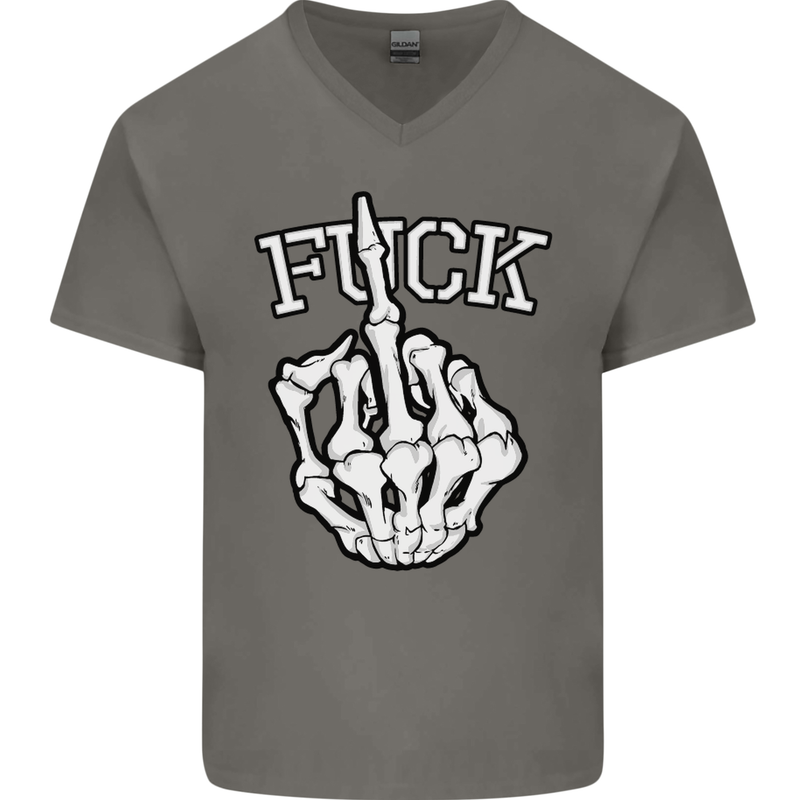 Finger Flip Fuck Skull Offensive Biker Mens V-Neck Cotton T-Shirt Charcoal