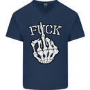 Finger Flip Fuck Skull Offensive Biker Mens V-Neck Cotton T-Shirt Navy Blue