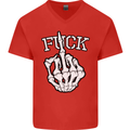 Finger Flip Fuck Skull Offensive Biker Mens V-Neck Cotton T-Shirt Red