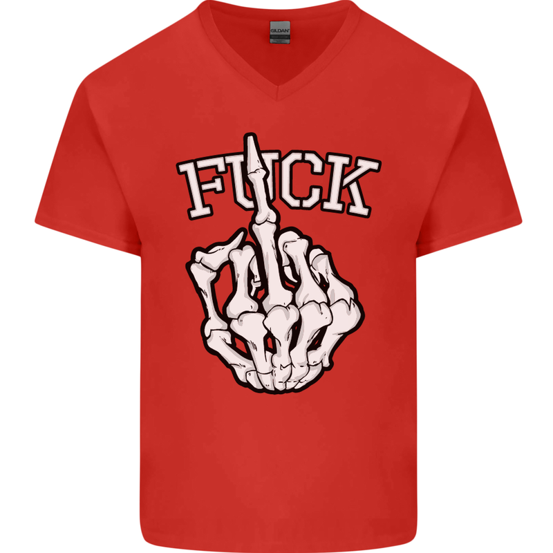 Finger Flip Fuck Skull Offensive Biker Mens V-Neck Cotton T-Shirt Red