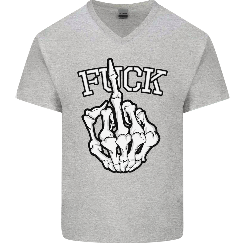 Finger Flip Fuck Skull Offensive Biker Mens V-Neck Cotton T-Shirt Sports Grey
