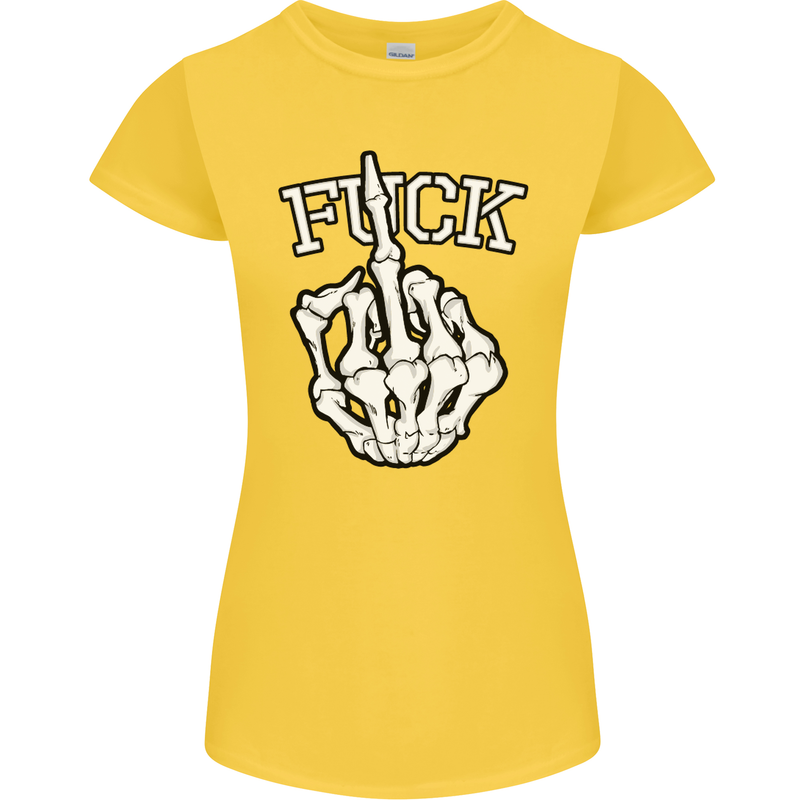 Finger Flip Fuck Skull Offensive Biker Womens Petite Cut T-Shirt Yellow