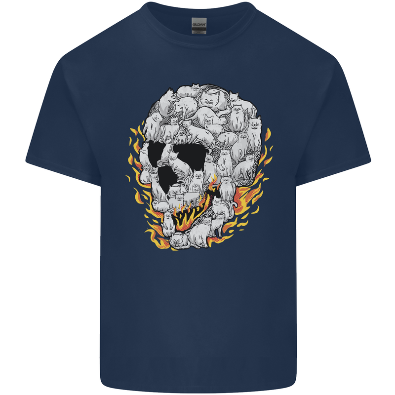 Fire Skull Made of Cats Kids T-Shirt Childrens Navy Blue