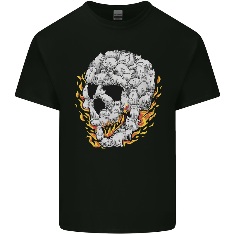 Fire Skull Made of Cats Mens Cotton T-Shirt Tee Top Black
