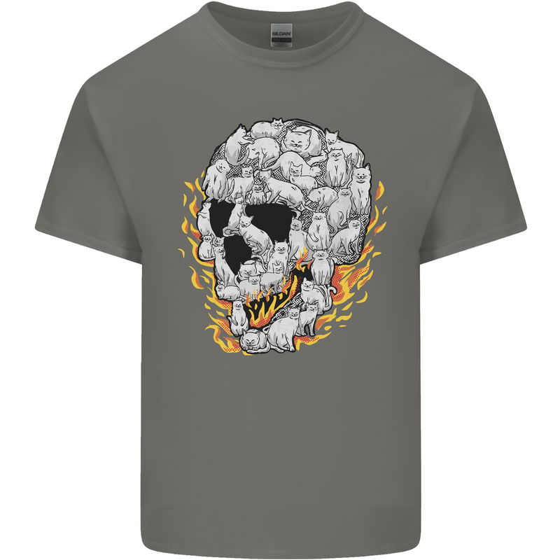 Fire Skull Made of Cats Mens Cotton T-Shirt Tee Top Charcoal