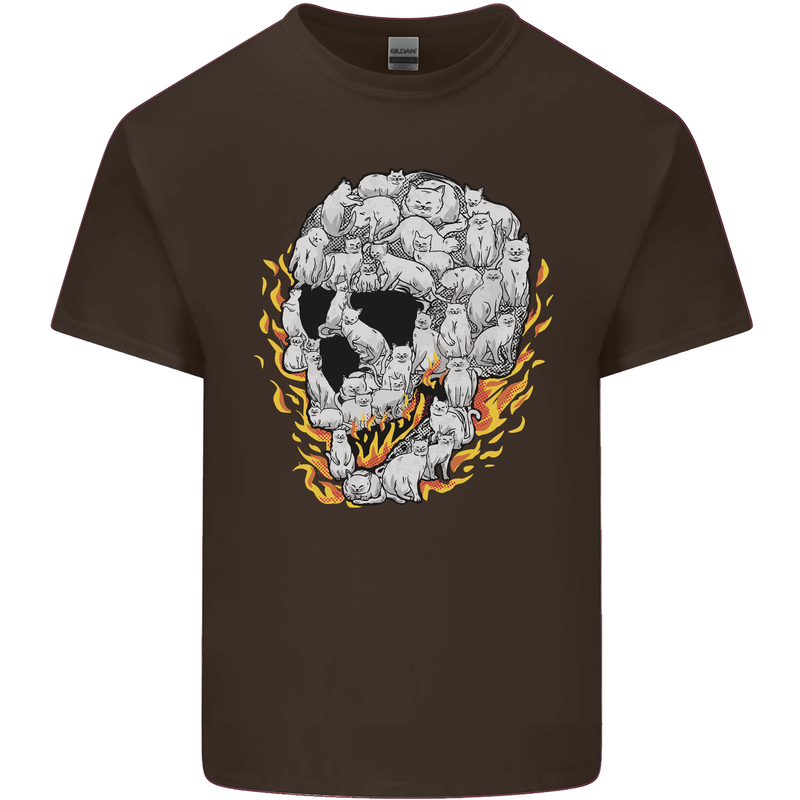 Fire Skull Made of Cats Mens Cotton T-Shirt Tee Top Dark Chocolate