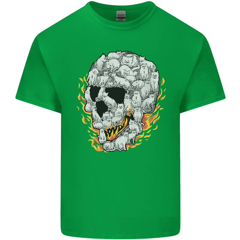 Fire Skull Made of Cats Mens Cotton T-Shirt Tee Top Irish Green
