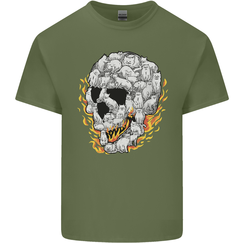 Fire Skull Made of Cats Mens Cotton T-Shirt Tee Top Military Green
