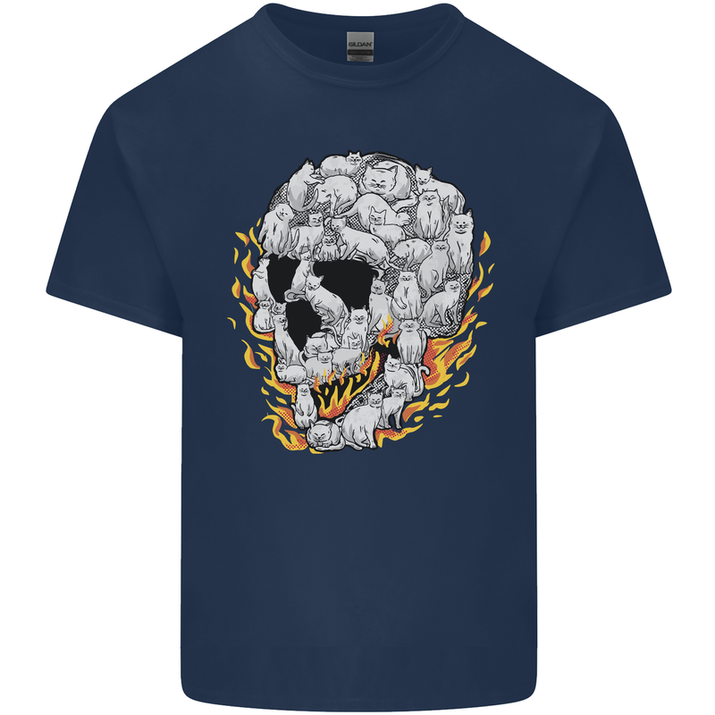 Fire Skull Made of Cats Mens Cotton T-Shirt Tee Top Navy Blue