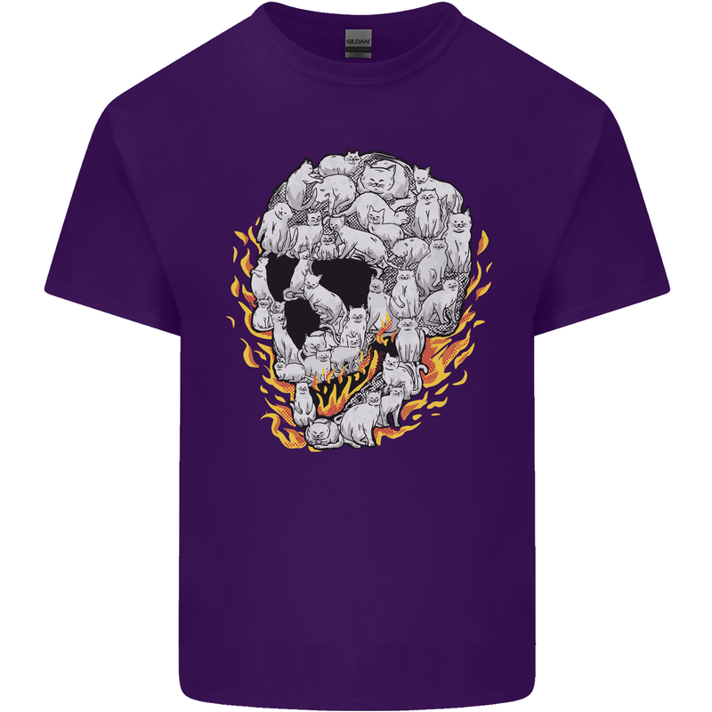 Fire Skull Made of Cats Mens Cotton T-Shirt Tee Top Purple