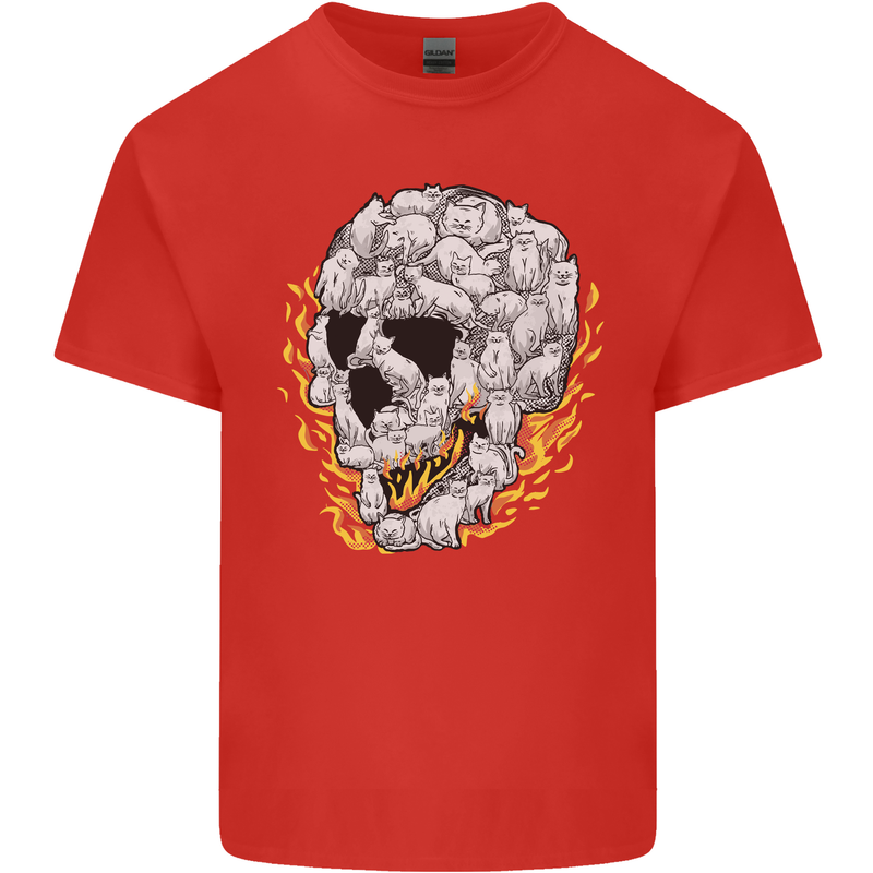 Fire Skull Made of Cats Mens Cotton T-Shirt Tee Top Red