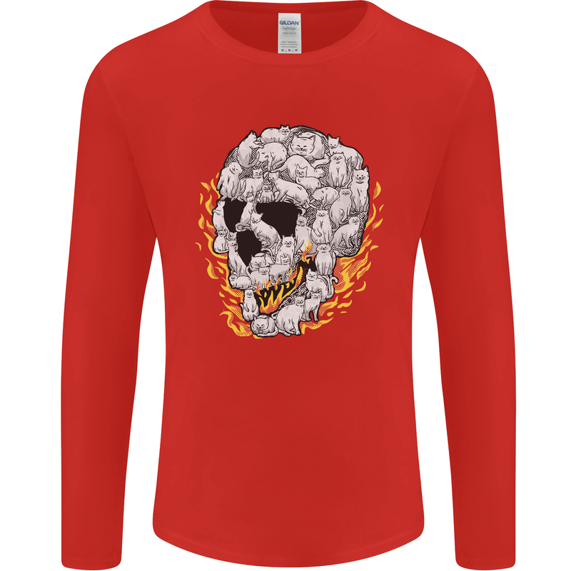 Fire Skull Made of Cats Mens Long Sleeve T-Shirt Red