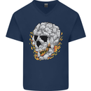 Fire Skull Made of Cats Mens V-Neck Cotton T-Shirt Navy Blue