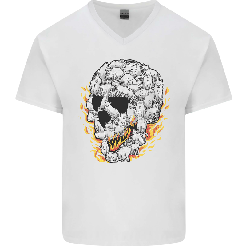 Fire Skull Made of Cats Mens V-Neck Cotton T-Shirt White
