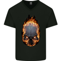 Fire Skull Mens V-Neck Cotton T-Shirt Black
