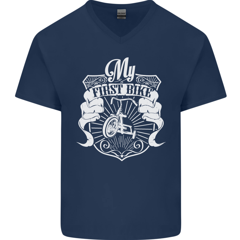 First Bike Funny Biker Motorbike Motorcyle Mens V-Neck Cotton T-Shirt Navy Blue