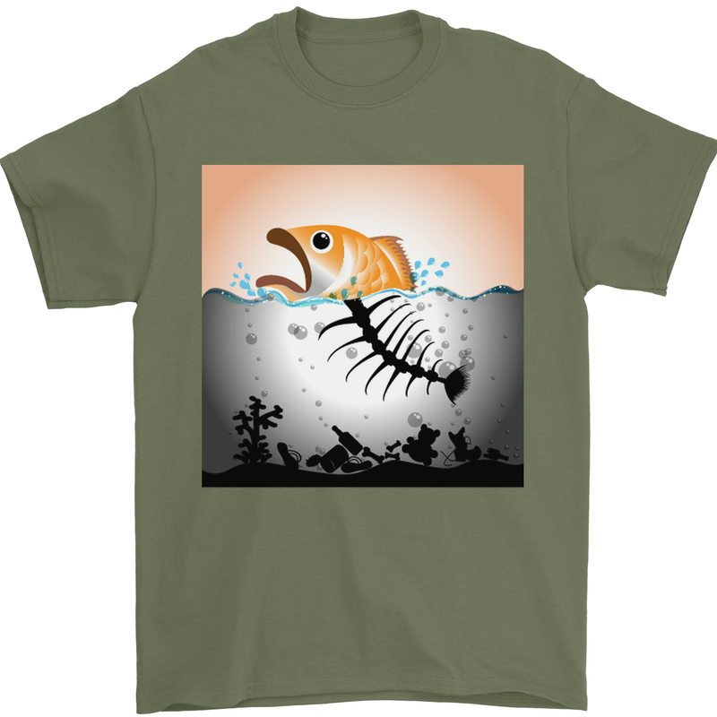 Fish Pollution Climate Change Environment Mens T-Shirt Cotton Gildan Military Green