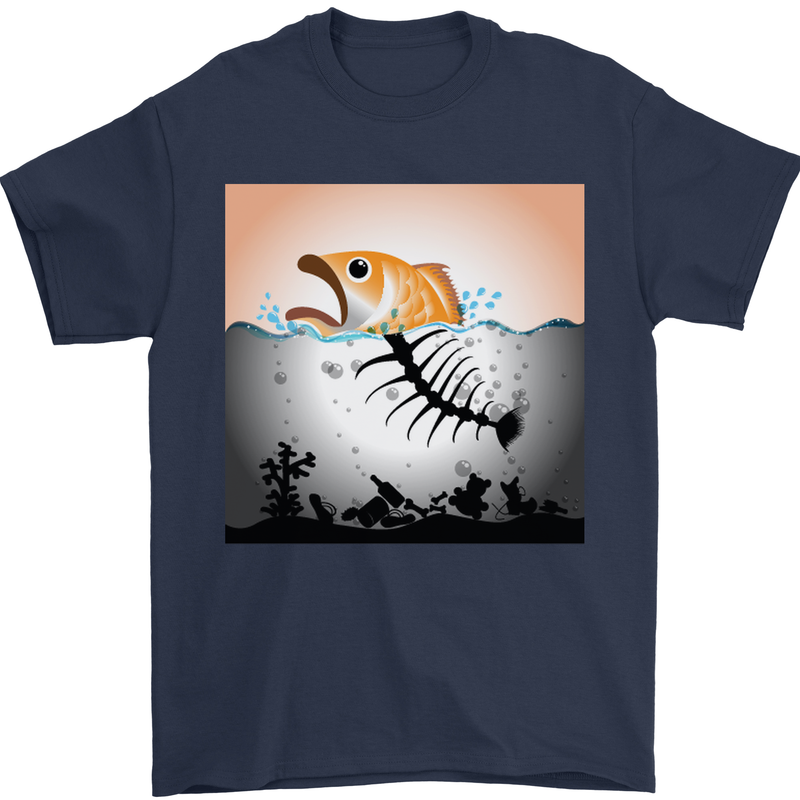 Fish Pollution Climate Change Environment Mens T-Shirt Cotton Gildan Navy Blue