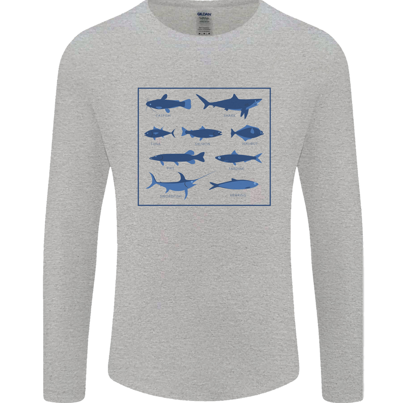 Fish Species Fishing Fisherman Shark Mens Long Sleeve T-Shirt Sports Grey