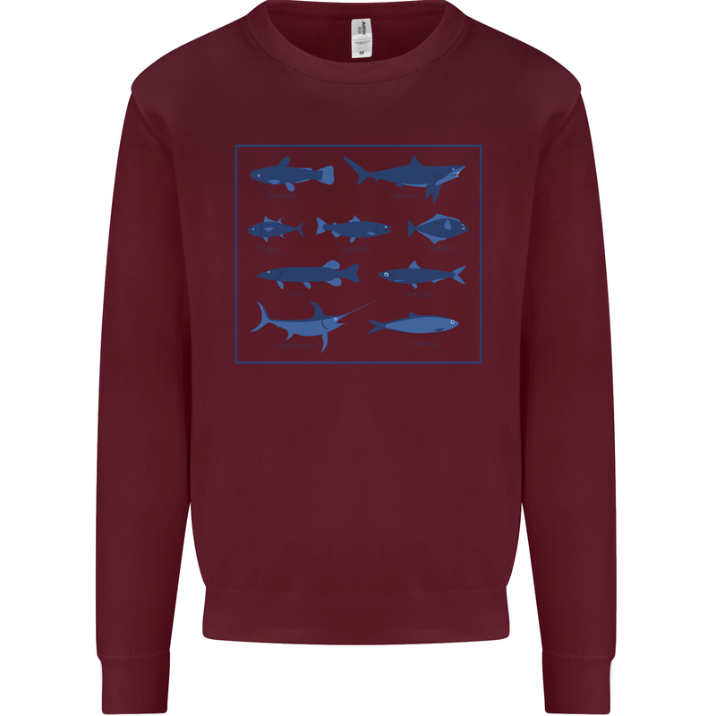 Fish Species Fishing Fisherman Shark Mens Sweatshirt Jumper Maroon