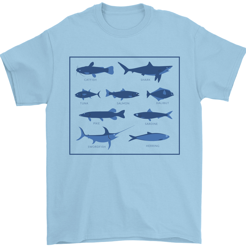 Fish Species Fishing Fisherman Shark Mens T-Shirt 100% Cotton Light Blue