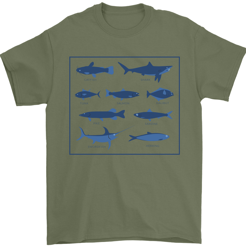 Fish Species Fishing Fisherman Shark Mens T-Shirt 100% Cotton Military Green