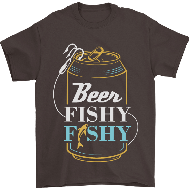 Fishing Beer Here Fishy Fisherman Funny Mens T-Shirt Cotton Gildan Dark Chocolate