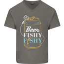 Fishing Beer Here Fishy Fisherman Funny Mens V-Neck Cotton T-Shirt Charcoal