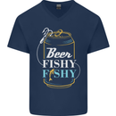 Fishing Beer Here Fishy Fisherman Funny Mens V-Neck Cotton T-Shirt Navy Blue