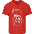 Fishing Beer Here Fishy Fisherman Funny Mens V-Neck Cotton T-Shirt Red