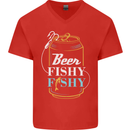 Fishing Beer Here Fishy Fisherman Funny Mens V-Neck Cotton T-Shirt Red
