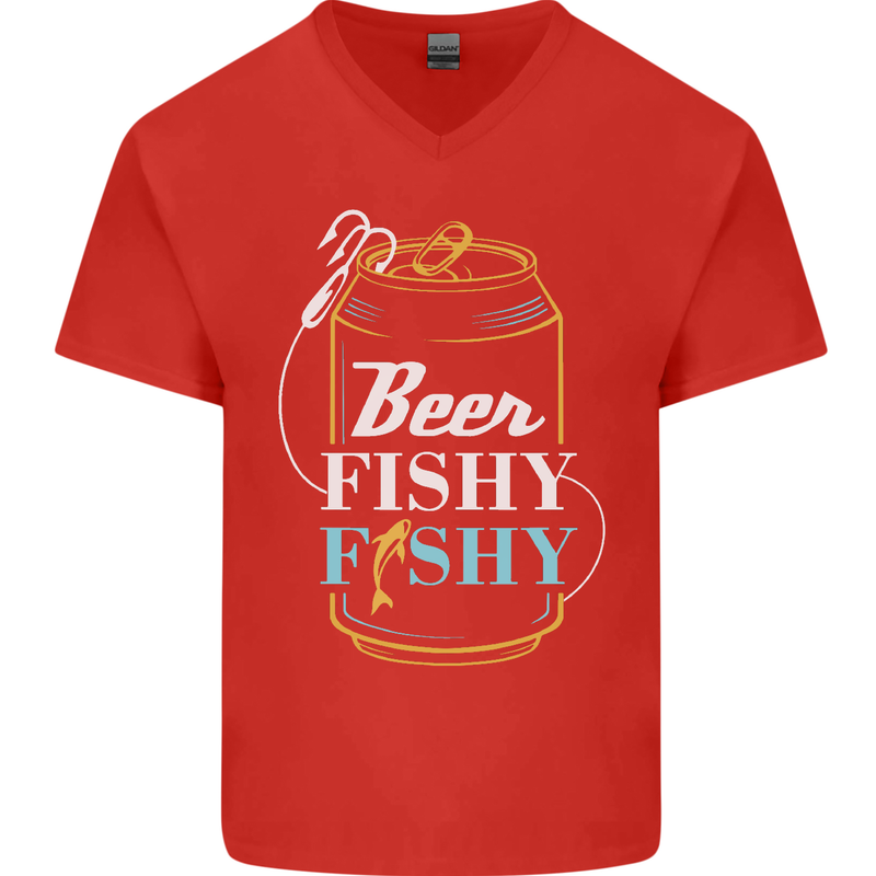 Fishing Beer Here Fishy Fisherman Funny Mens V-Neck Cotton T-Shirt Red