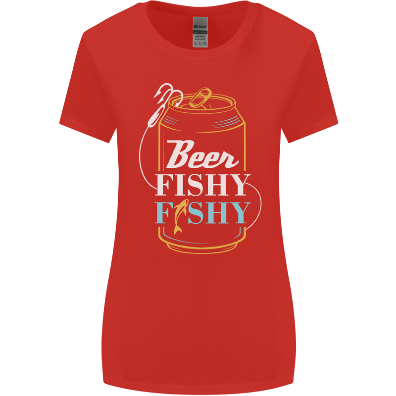 Fishing Beer Here Fishy Fisherman Funny Womens Wider Cut T-Shirt Red