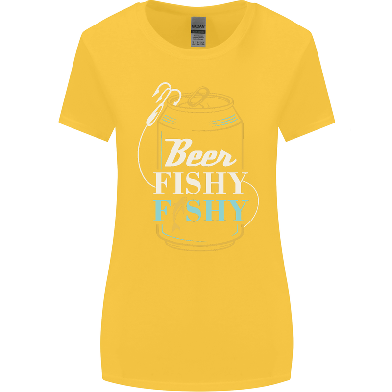 Fishing Beer Here Fishy Fisherman Funny Womens Wider Cut T-Shirt Yellow