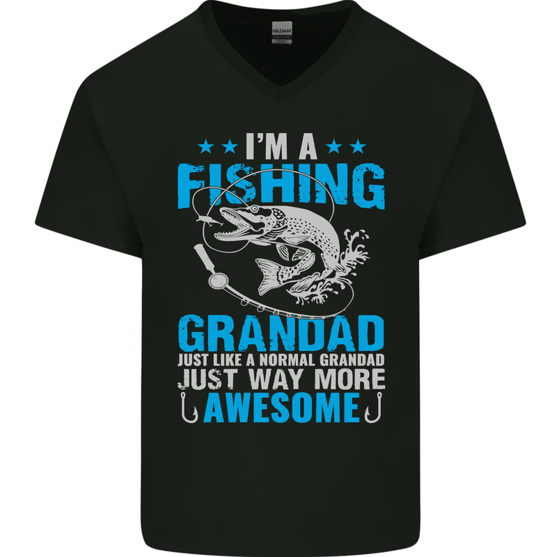 Fishing Grandad Funny Fathers Day Fisherman Mens V-Neck Cotton T-Shirt Black