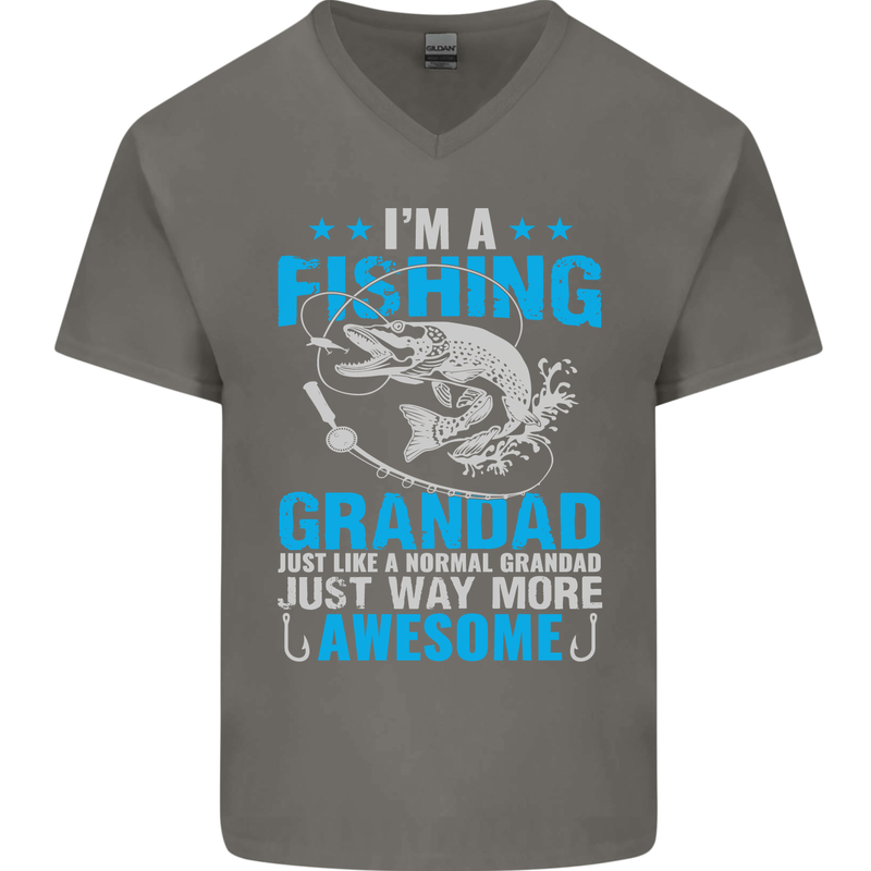 Fishing Grandad Funny Fathers Day Fisherman Mens V-Neck Cotton T-Shirt Charcoal