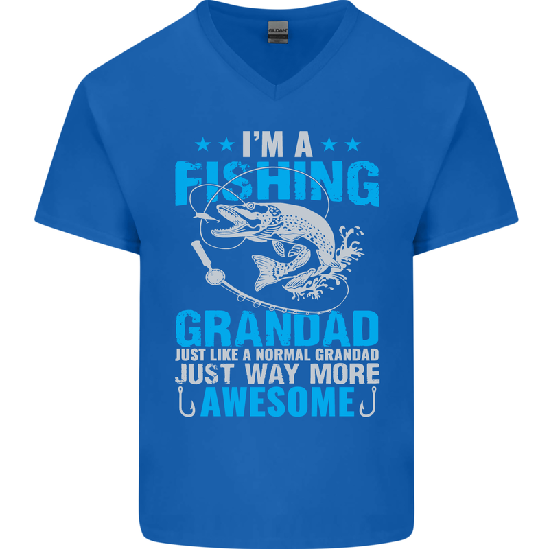 Fishing Grandad Funny Fathers Day Fisherman Mens V-Neck Cotton T-Shirt Royal Blue