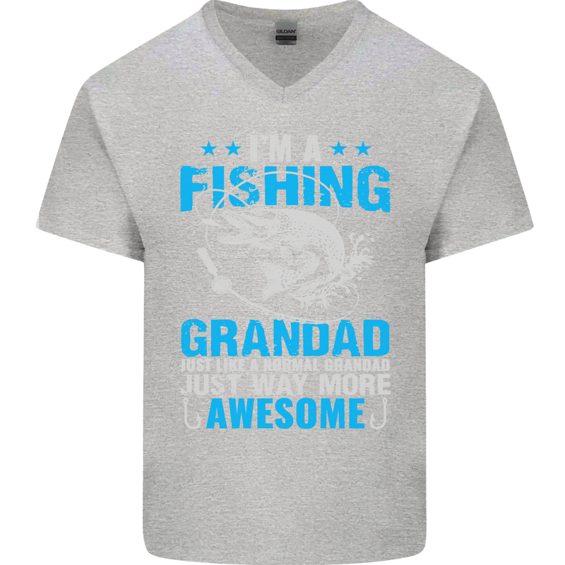 Fishing Grandad Funny Fathers Day Fisherman Mens V-Neck Cotton T-Shirt Sports Grey