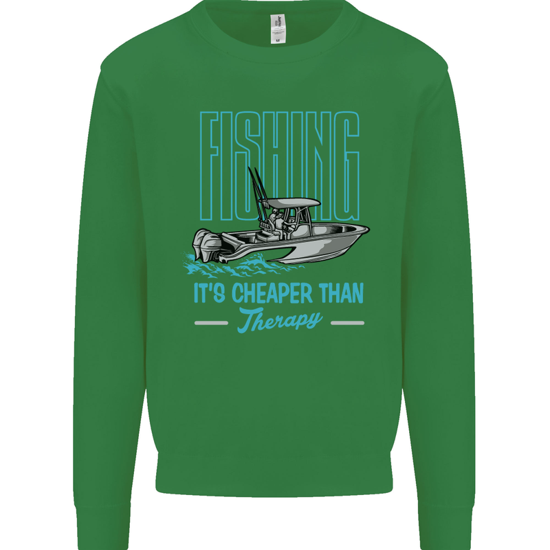 Fishing It's Cheaper Than Therapy Fisherman Kids Sweatshirt Jumper Irish Green