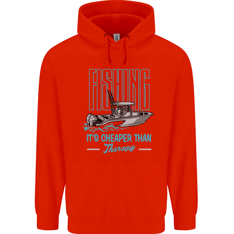 Fishing It's Cheaper Than Therapy Fisherman Mens 80% Cotton Hoodie Bright Red