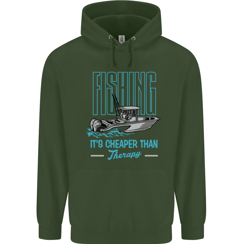 Fishing It's Cheaper Than Therapy Fisherman Mens 80% Cotton Hoodie Forest Green
