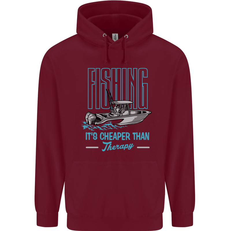 Fishing It's Cheaper Than Therapy Fisherman Mens 80% Cotton Hoodie Maroon