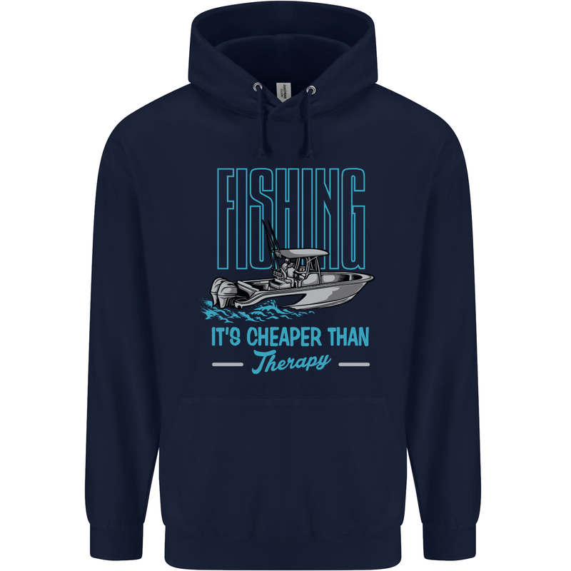 Fishing It's Cheaper Than Therapy Fisherman Mens 80% Cotton Hoodie Navy Blue
