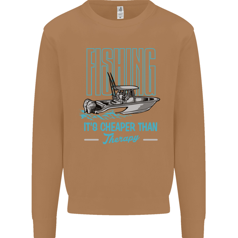 Fishing It's Cheaper Than Therapy Fisherman Mens Sweatshirt Jumper Caramel Latte