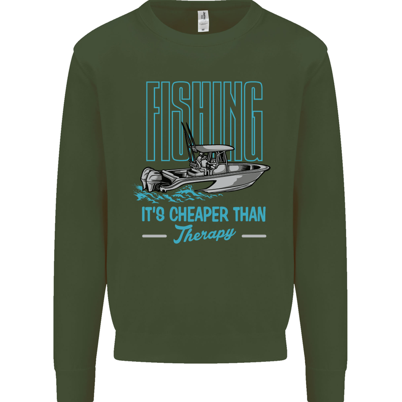 Fishing It's Cheaper Than Therapy Fisherman Mens Sweatshirt Jumper Forest Green