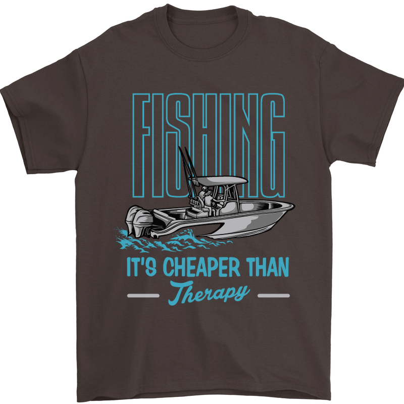Fishing It's Cheaper Than Therapy Fisherman Mens T-Shirt Cotton Gildan Dark Chocolate