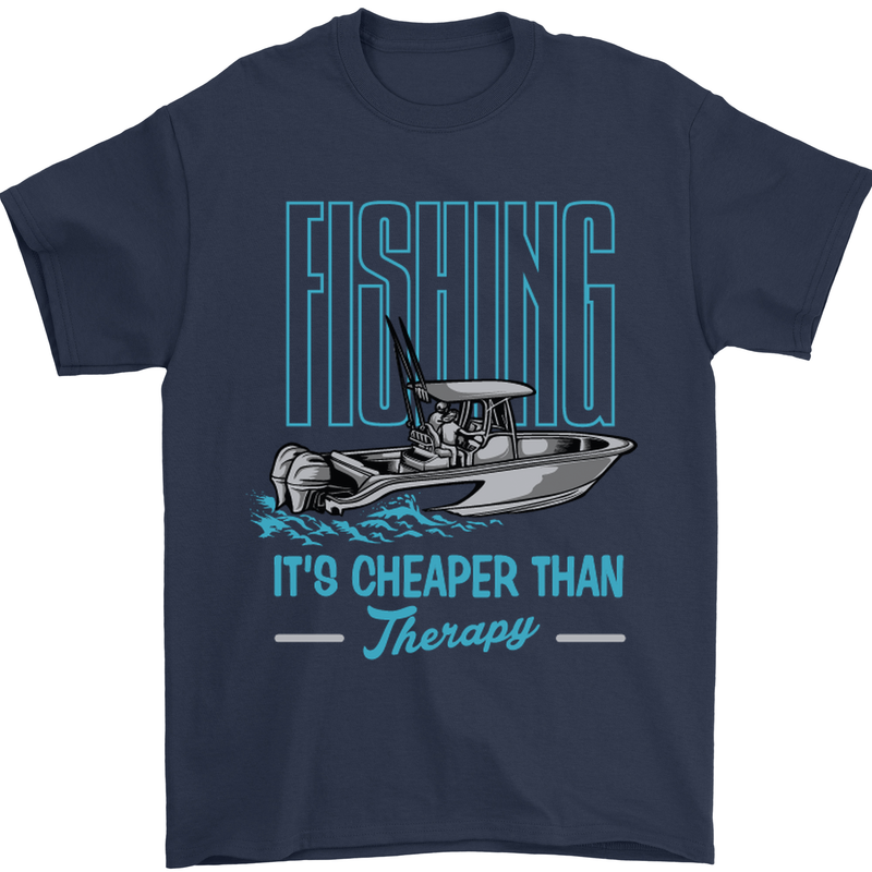 Fishing It's Cheaper Than Therapy Fisherman Mens T-Shirt Cotton Gildan Navy Blue