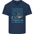 Fishing It's Cheaper Than Therapy Fisherman Mens V-Neck Cotton T-Shirt Navy Blue