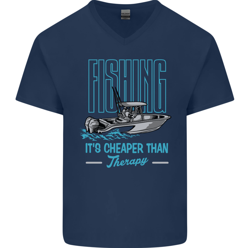 Fishing It's Cheaper Than Therapy Fisherman Mens V-Neck Cotton T-Shirt Navy Blue